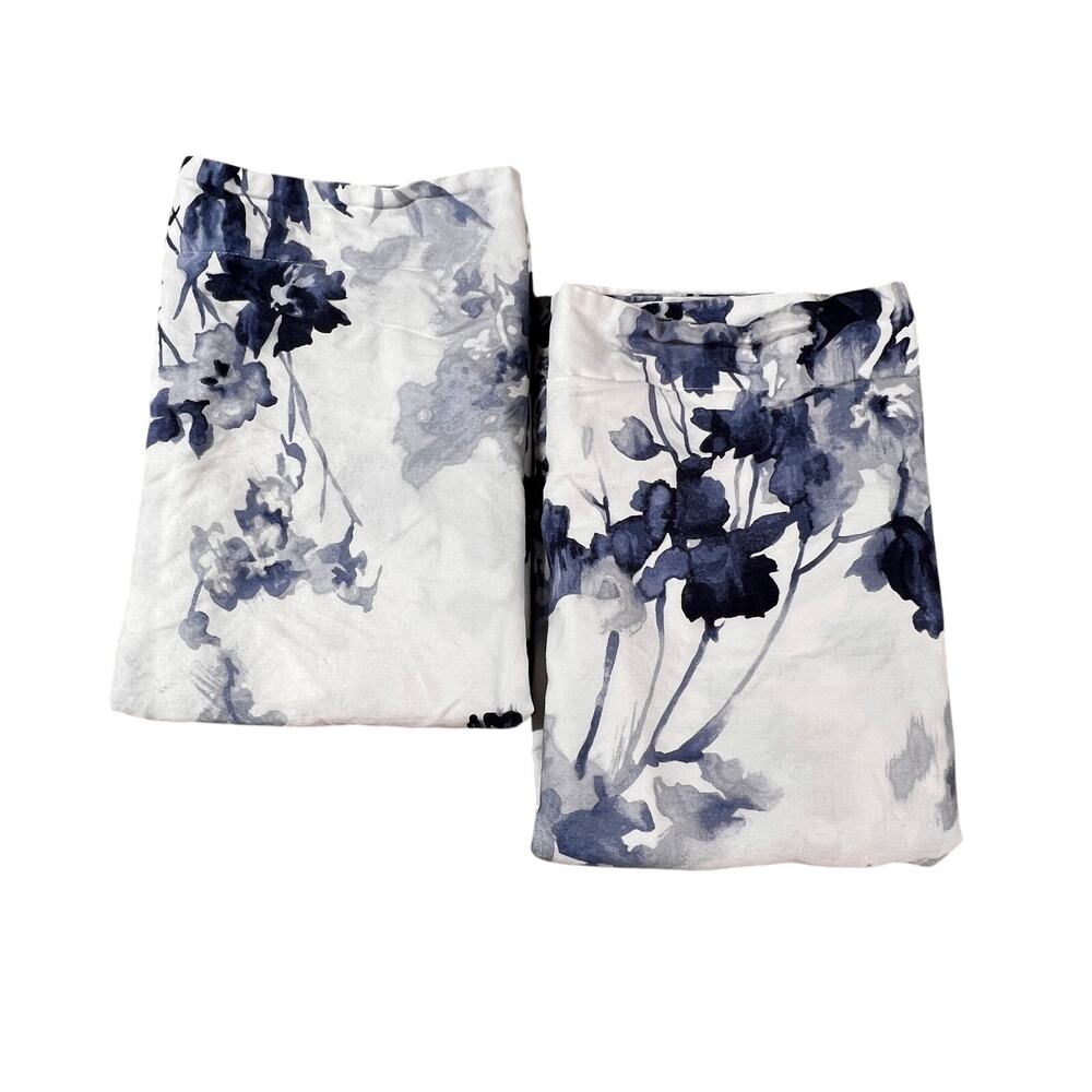 RALPH LAUREN Pair Standard Pillow Shams Floral Flowers Blue Watercolor Cotton